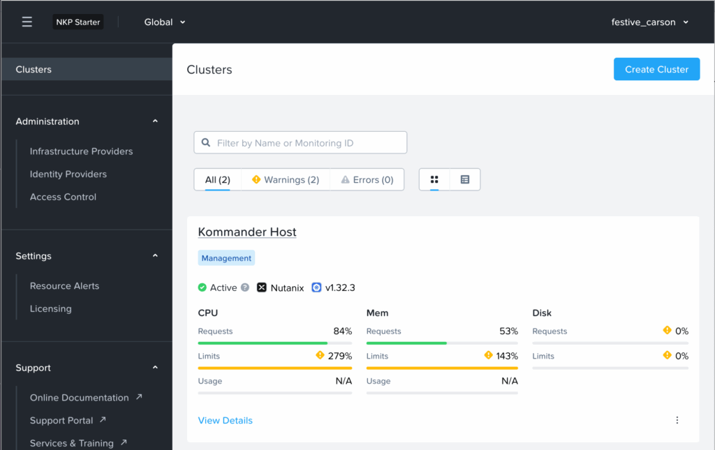 NKP Create cluster menu